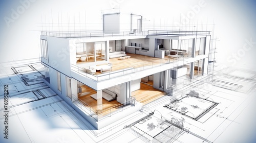 vision of architecture of a 3d model house project with blueprint
