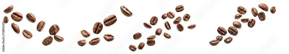 Set of Falling coffee beans isolated on white background with clipping path. Roasted coffee beans Set of Falling coffee beans isolated on white background with clipping path. Roasted coffee beans