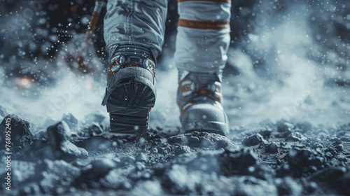 A person in a space suit is walking on a rocky surface