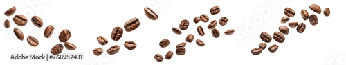 Set of Falling coffee beans isolated on white background with clipping path. Roasted coffee beans