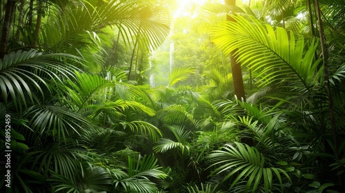 Exotic tropical forest with lush palm leaves and trees, wild plants nature wallpaper © Ilja