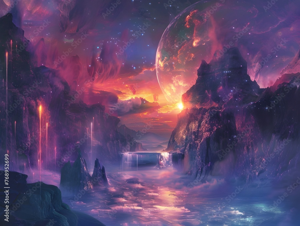 Fototapeta premium Ethereal Alien Landscape with Floating Mountains and Glowing Cosmic Lake at Sunset