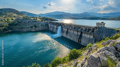A majestic hydroelectric dam releasing water into a serene lake at sunset, surrounded by a rugged mountain terrain.