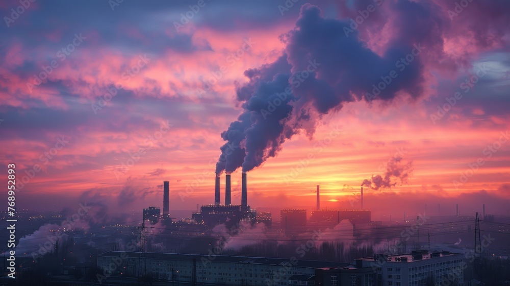 Urban power plants emitting pollution against a vibrant sunset, a stark symbol of industrial impact.