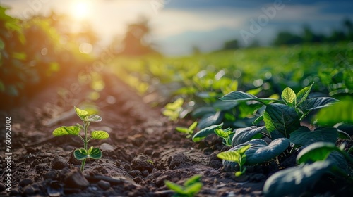The setting sun casts a golden light on a field of young soybean plants  accentuating the textures of the leaves and soil.