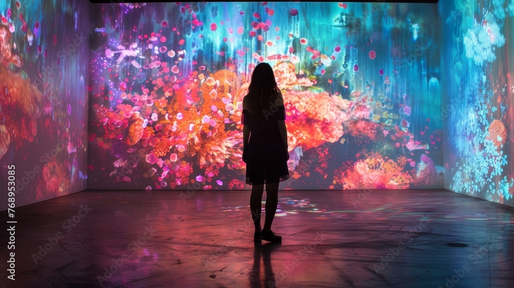 A person is silhouetted against a stunning, large-scale digital projection of a vibrant coral reef in an art installation.