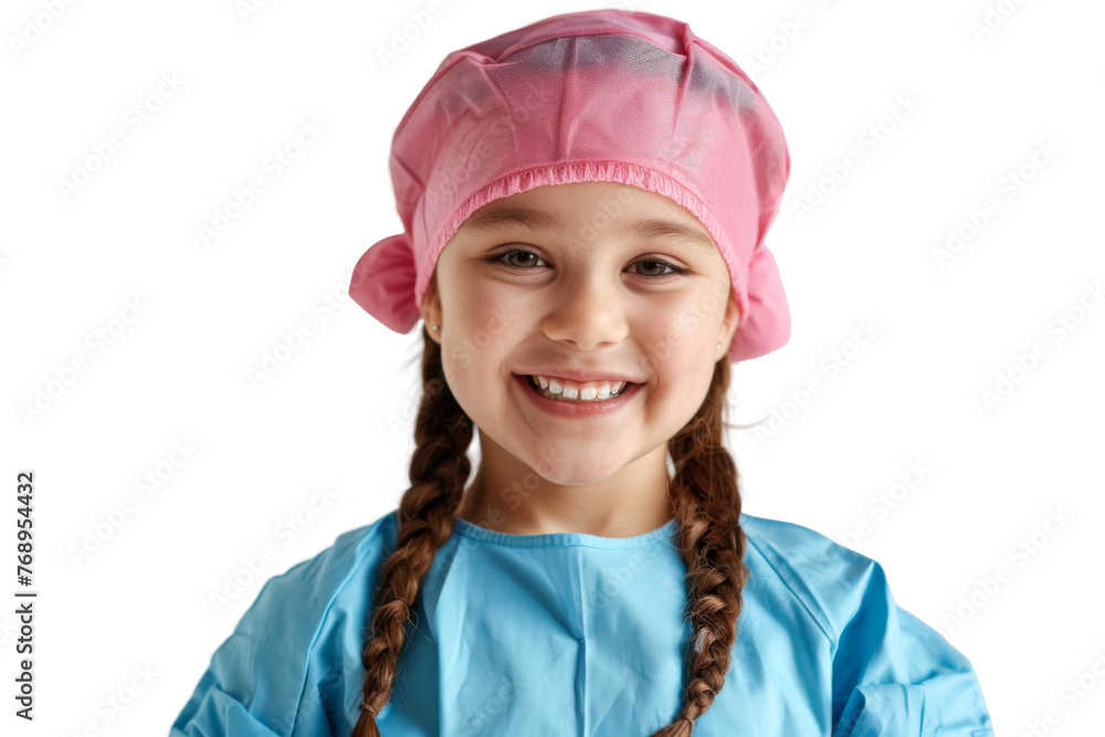 Studio portrait of cute little girl wearing doctor or dentist outfit costume with smile and looking at camera isolated on transparent png background.