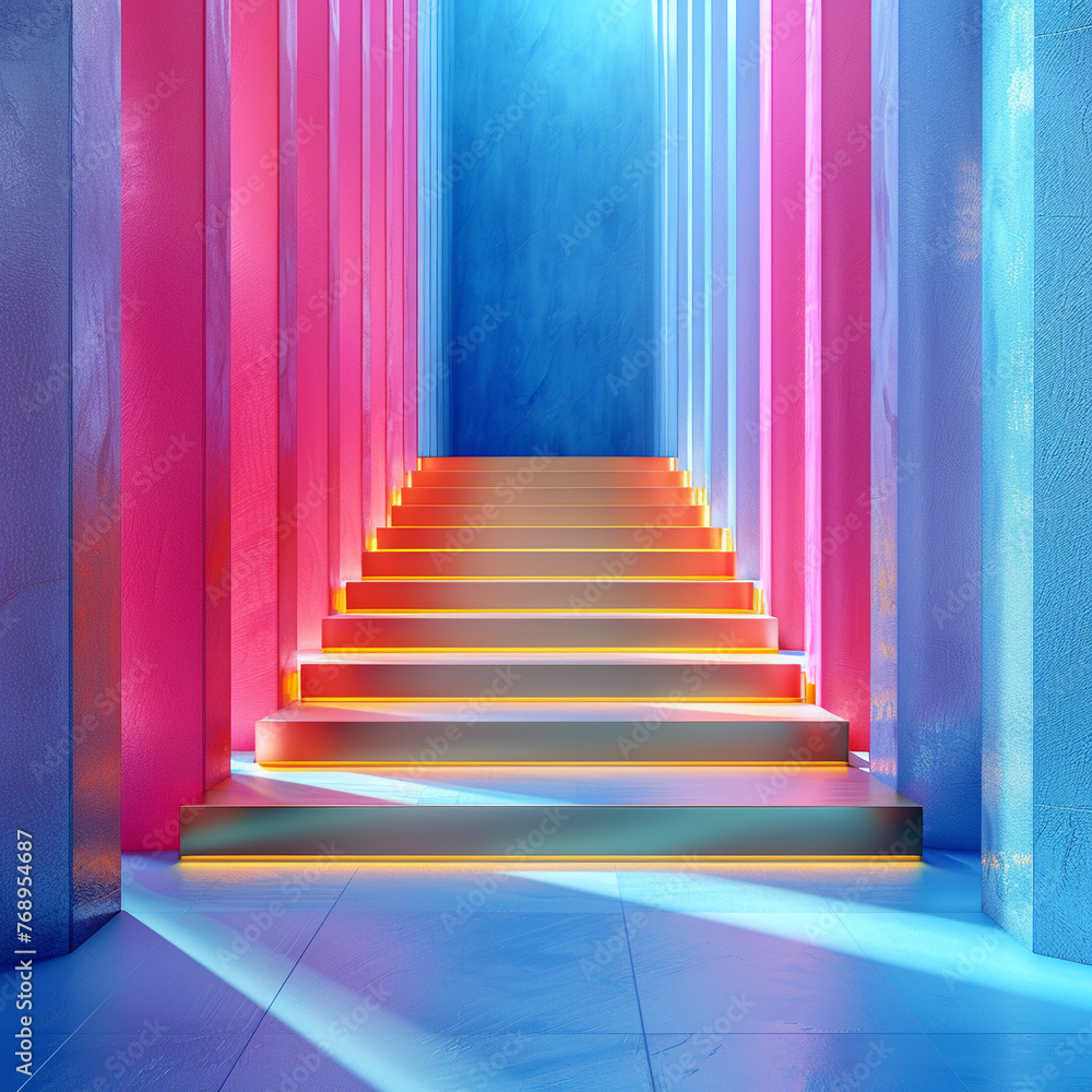 Obraz premium Marketing tech concept, abstract upward movement, gold against blue and pink, aerial shot.