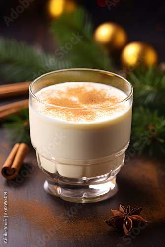 Festive Holiday Eggnog with Cinnamon Stick Garnish and Ingredients in a Cozy Christmas Setting