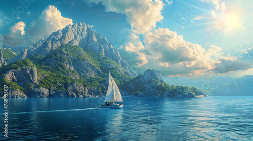 sailboat on the sea , mountain and hill on island as a background, blue sky