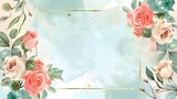 Dainty gold line border encasing watercolor roses against a soft green background