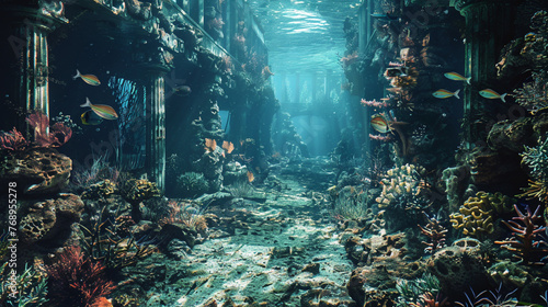 underwater abandoned kingdom   full of coral reef and fishes  lost fallen Atlantis kingdom   fantasy concept art
