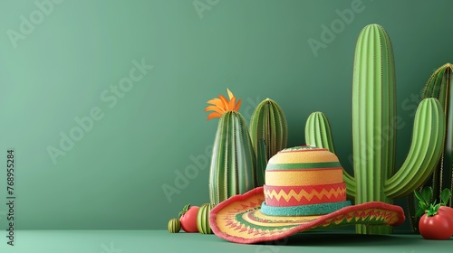 Spectacula cinco de mayo background with mexican cactus and sombrero photo