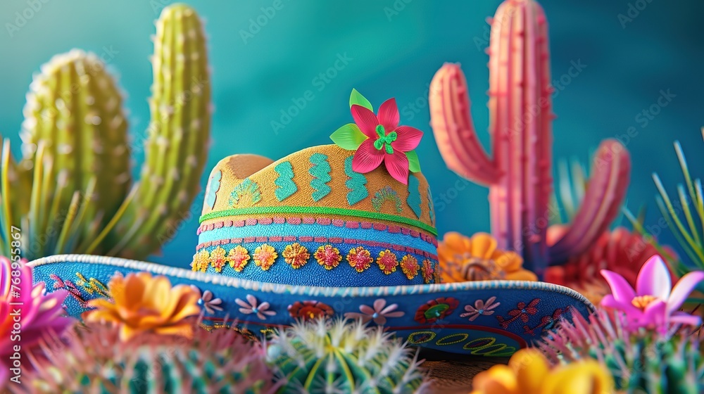 Attractive Cinco de Mayo background with hat ornaments and cactus plants for banners or posters
