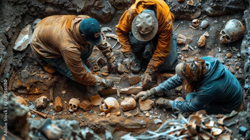 Fototapeta premium Unearthing the Past: Two Men Digging Through Rubble