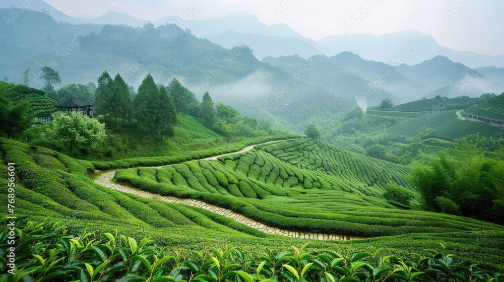 Leisurely Tour Through Tea Fields: Springtime in Longjing Village amidst Green Fields and Serpentine Paths