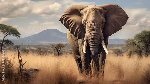 Powerful Majesty of a Tranquil African Elephant in Savannah Landscape: A Portrait of Resilience and Charm © Jordan