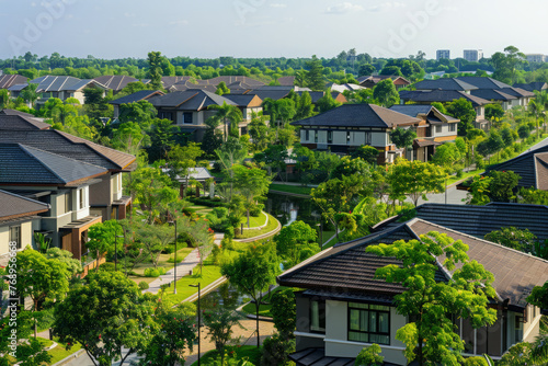 Modern suburban houses among lush green spaces, Sustainable urban neighborhood. Aerial view of city with building and streets