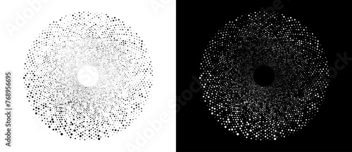Circle with halftone black dots as advertising background or logo or icon. A black figure on a white background and an equally white figure on the black side.