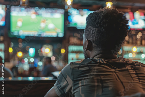 Man watching football game in sport bar. People drinking beer and watching soccer match on television in pub