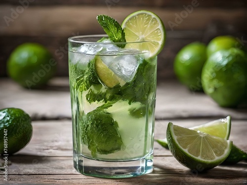 Mojito cocktail in glass with ice cubes and slice of lime