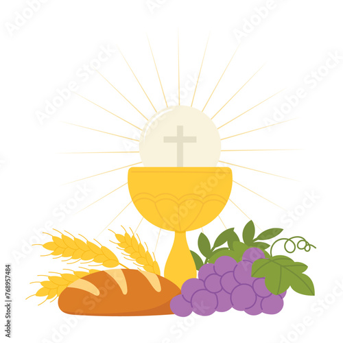 Holy spirit hand drawn background vector. Religious drawing of golden chalice and bread, grape, wheat, lily. First holy communion illustration for Good Friday, Holy Week, Easter, cover, poster.