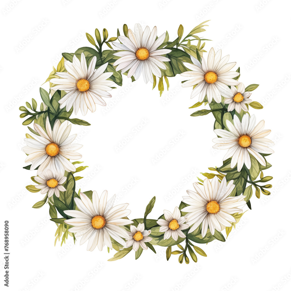 Obraz premium Floral Wreath Watercolor - Daisies and Greenery Illustration