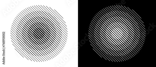Transition parallel lines in circles. Abstract art geometric background for logo, icon, tattoo. Black shape on a white background and the same white shape on the black side. photo