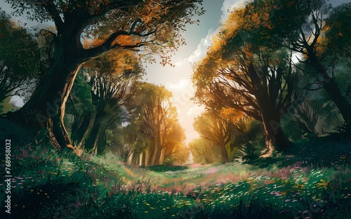 A detailed drawing of a lush forest landscape