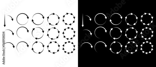 Abstract background with set arrows in circle. Art design for any project. A black figure on a white background and an equally white figure on the black side.