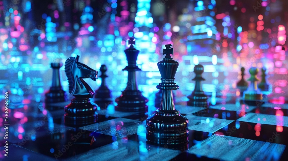A 3D chessboard with pieces representing different financial technologies and regulatory bodies, portraying Regtechrise A 3D chessboard with pieces representing different financial technologies and regulatory bodies, portraying Regtechrise