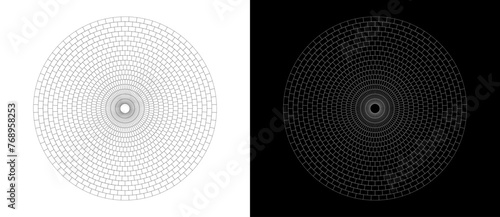 Circle with blocks or rectangles. Art lines geometry background, logo or icon. Black shape on a white background and the same white shape on the black side.