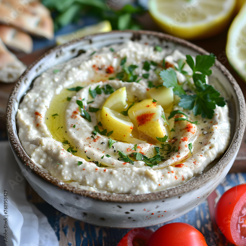 Creamy Hummus and White Bean Dip With Roasted Garlic and Rosemary. photo