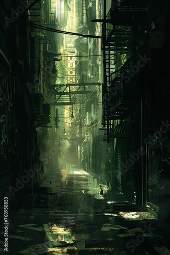 A dark, atmospheric alley where shadows take the form of currency symbols, suggesting the hidden, nefarious side of money © Sataporn