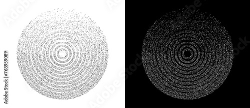 Circles with dots as abstract dissolving symbol. Black shape on a white background and the same white shape on the black side.