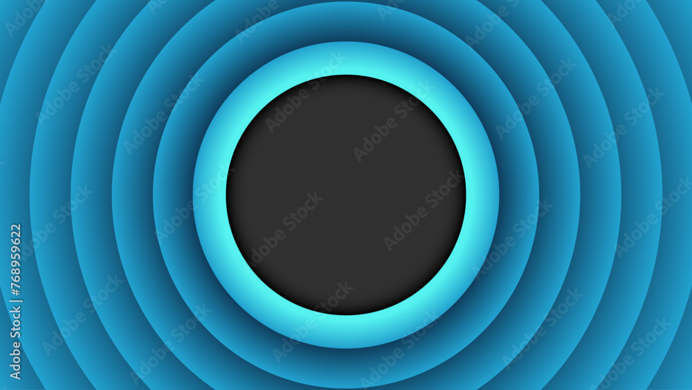 Retro circle wave blue background. Vintage blue cartoon background with a black empty circle in the center - obrazy, fototapety, plakaty 