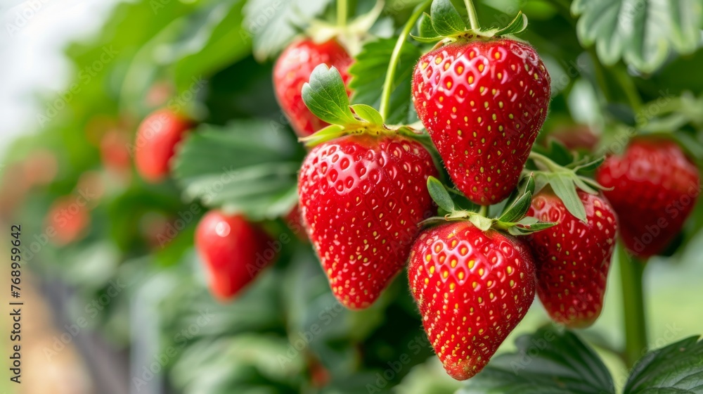 Lush, ripe strawberries thriving in a vibrant greenhouse environment, perfect for harvest Lush, ripe strawberries thriving in a vibrant greenhouse environment, perfect for harvest