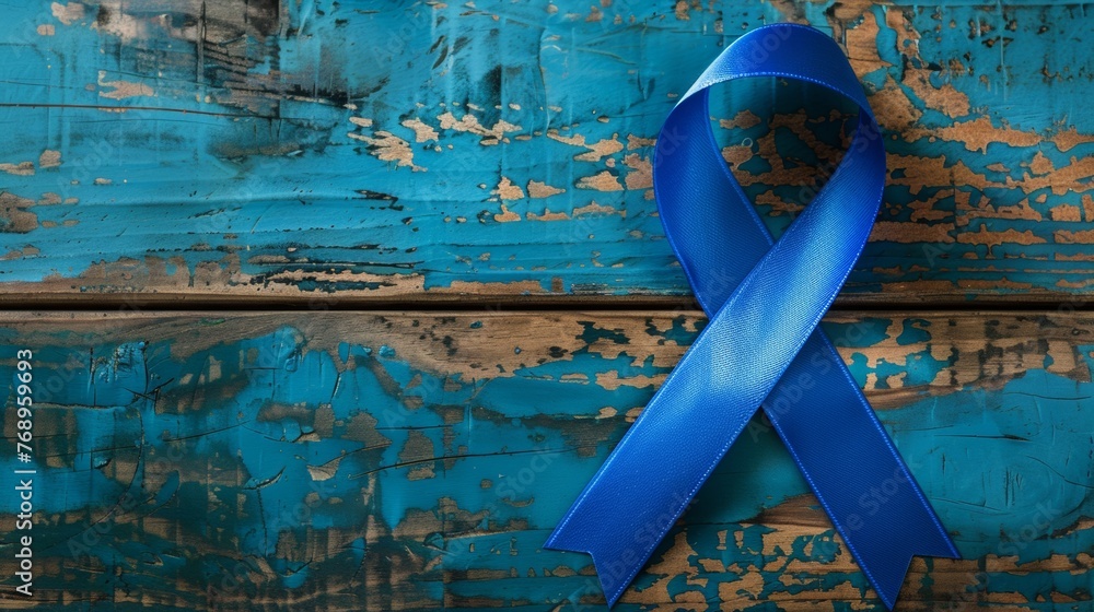 Bright blue ribbon a symbol of colon cancer awareness a piercing