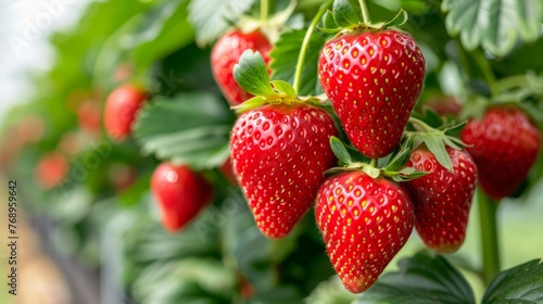Lush  ripe strawberries thriving in a vibrant greenhouse environment  perfect for harvest