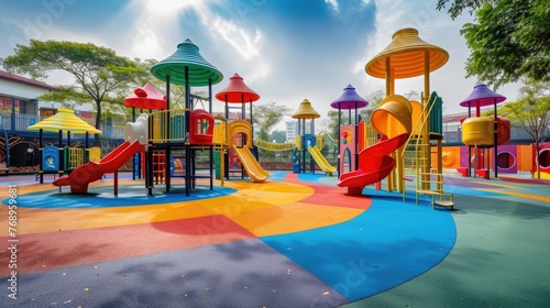 A vibrant and colorful playground under the bright sun, featuring slides, swings, and other play equipment. © Orawan