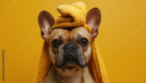 Cute French Bulldog with Yellow Towel on Head Against Yellow Background