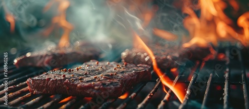 Closeup of delicious grilled beef grilled with fire