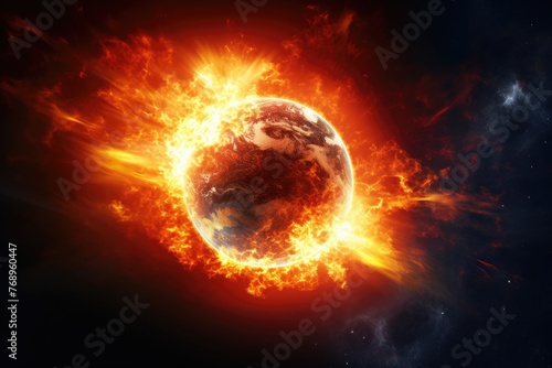 Digital illustration of planet Earth on fire, depicting a dramatic global warming concept. Fiery Planet Earth Engulfed in Flames © Оксана Олейник
