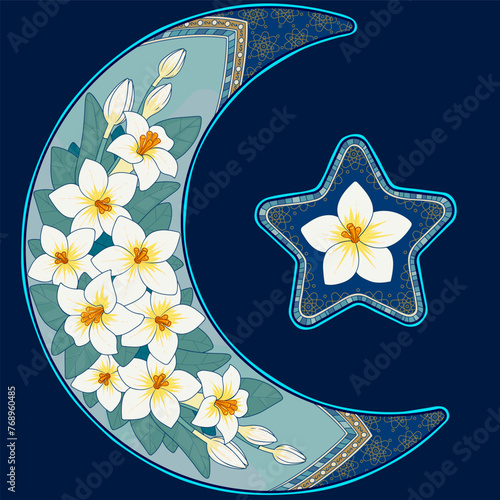 A beautiful moon and star in floral ornaments. Vector illustration isolated on dark-blue.