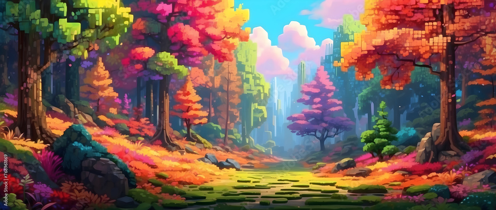 A forest with vibrant foliage made of pixels.