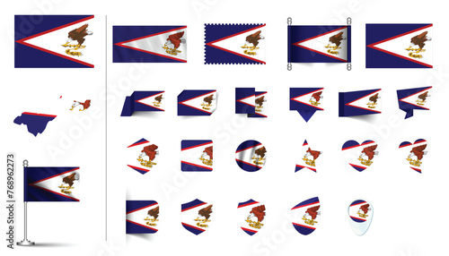 set of American Samoa flag, flat Icon set vector illustration. collection of national symbols on various objects and state signs. flag button, waving, 3d rendering symbols