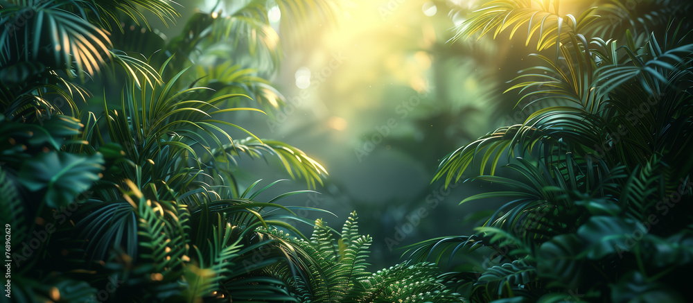 Tropical green plants on sun light background.