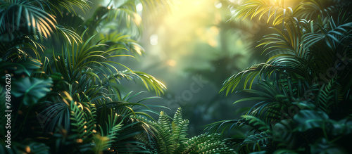 Tropical green plants on sun light background.