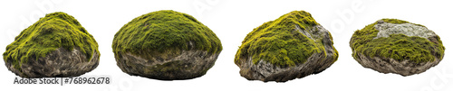 Four distinct stones blanketed with vibrant green moss, transparent background