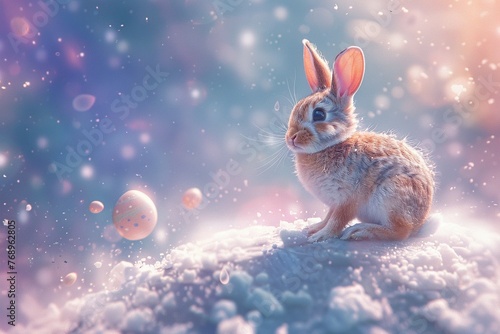 Illustration of a bunny riding an Easter egg through space Playful and adventurous mood Soft, ethereal lighting adds magic